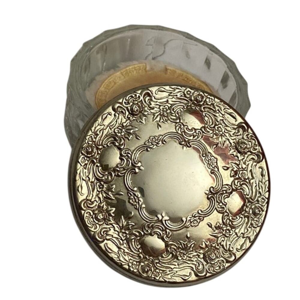 Vintage Pressed Powder Box Jar With Ornate Silverplate Lid- with puff Victorian - Picture 2 of 11
